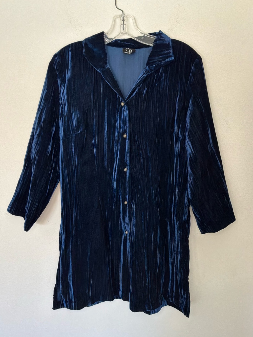 Connie Roberson Blue Crushed Velvet Button Front Tunic Top Size Small